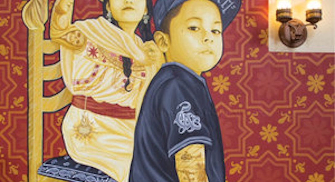 an image of a Mexican woman on a wooden chair, and a child with a hat and a tattooed arm in front